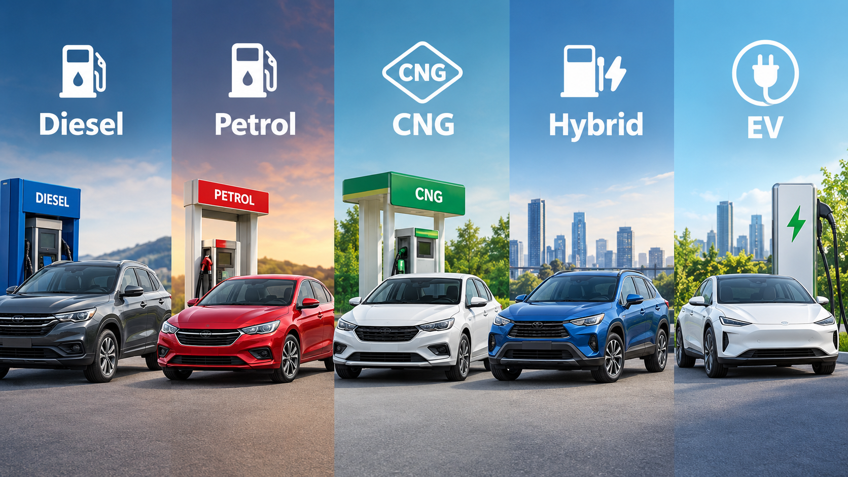 Diesel vs Petrol vs CNG vs Hybrid vs EV Explained: Key Differences
